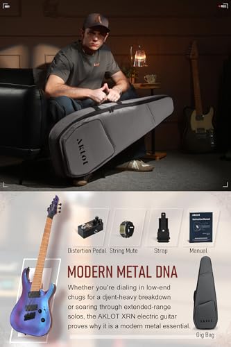 Image of AKLOT Multi-Scale 7-String Electric Guitar: Roasted Maple Neck with String-Through Bridge Electric Guitars Kit with Okoume Body, HH Pickup, Gig Bag, Strap, String Mute, Distortion Pedal, XRN-7 AD