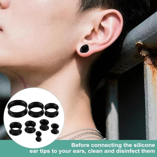 YSHODGU 16 Stück Weich Silikon Ohr Tunnel, Body Piercing Expander, Ohrdehner Plug Piercing Expander Set, 8 Spezifikationsgrößen, Sicher und Flexibel Tunnel Ohr für Frauen & Männer (Schwarz)