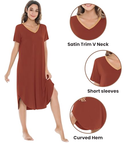 Image of NACHILA Nightgowns for Women-Viscose Made from Bamboo, V Neck Sleepshirts Short Sleeve Sleepwear Cool Nightshirt
