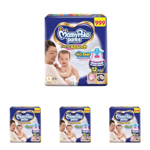 Image of MamyPoko Pants Extra Absorb Baby Diapers, Small (S Size) | 4-8 kg | 66 Count |Deep Sleep Diapers| Soft Gentle fit |Deep Absorbent Crisscross | Skin Friendly with Coconut Oil | (Pack of 4)