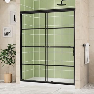 DELAVIN 56-60 in.W x 72 in.H Double Sliding Shower Door, No Leak Black Shower Door with Grid Patten, Easy Sliding SGCC Tempered Glass Shower Door with Explosion-Proof Film