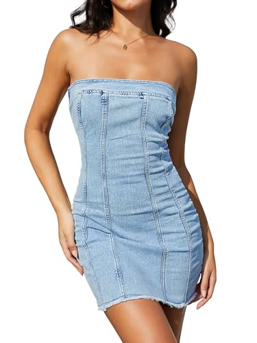 ELLEVEN High Stretchy Strapless Denim Dress for Women, Summer Sexy Bodycon Mini Jean Dresses for Women 2025 Western Outfit