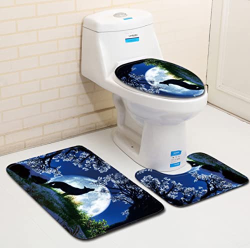 3 Teilig Badematte Set Blauer Wolfsmond 3D Badematten Set rutschfest, Badezimmerteppich,U-förmiger WC-Vorleger,WC…