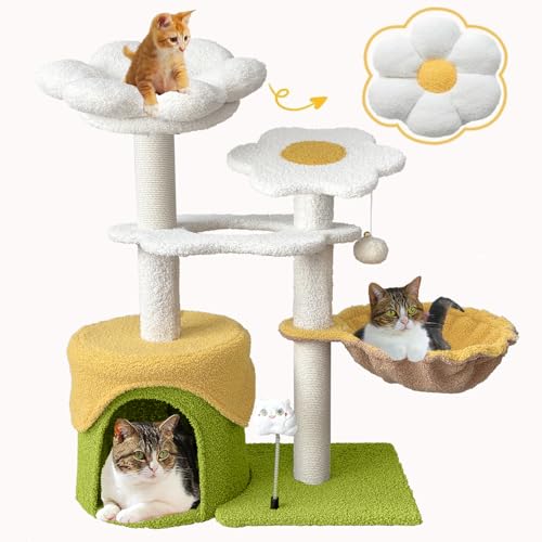 花型キャットタワー、室内飼いの猫用、多層式の可愛いキャットタワー、爪とぎポスト付き、取り外し可能な花型ステップ台、猫の隠れ場所、居心地の良いハンモック、ボールのおもちゃ、子猫の活動拠点 (ピンク)