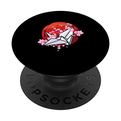 Japan Zen Circle Cherry Blossom Origami Paper Crane Japanese PopSockets Swappable PopGrip, Black