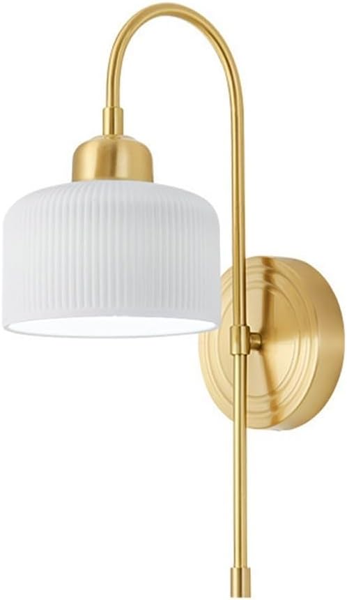 Nordic Brass Wall Sconce with White Ribbed Ceramic Shade Elegant Gold Gooseneck Wall Lamp for Bedroom Bedside Living Room Bathroom Vanity Indoor Decor Lighting Fixture Parlor(Three Colors)