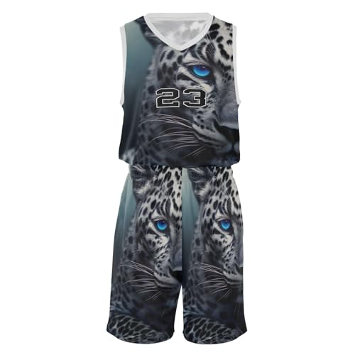 FLildon Leopard Cheetah Blue Eyes Boys Basketball Jersey Set Tank Top Shorts Tracksuit Sport Training Suit for Kids, S