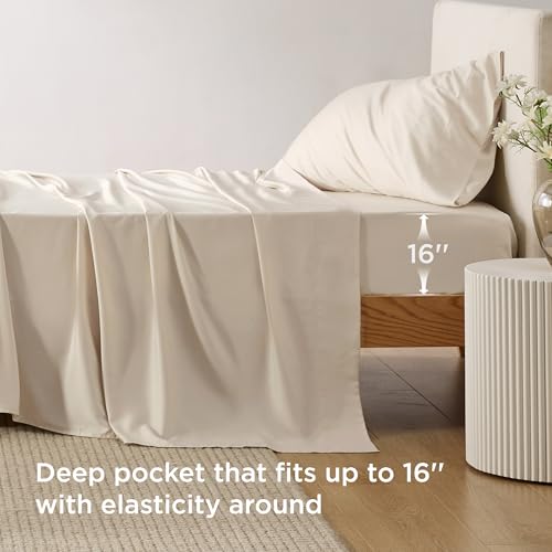 Image of Bedsure Cooling Sheets Twin, Rayon Derived from Bamboo, PureWoven, Breathable & Soft Twin Sheets Set, Deep Pocket Up to 16 Inches, Hotel Luxury Silky Bedding for Hot Sleepers, Light Beige