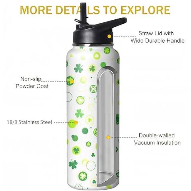 40oz St Patricks Day Water Bottle with Handle and Flip Straw, Green Irish Shamrocks Stainless Steel Insulated Cup, Travel Coffee Mug Tumbler, Gifts for Women Men