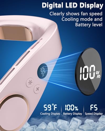 Image of FWV Neck Fans with Cooling Plate, Silent 30dB, 3-24H Battery, 5500mAh USB-C Rechargeable, 5-Speed Neck Air Conditioner, LED Display Wearable Bladeless Personal Fan for Kid Adult Girl Light Purple