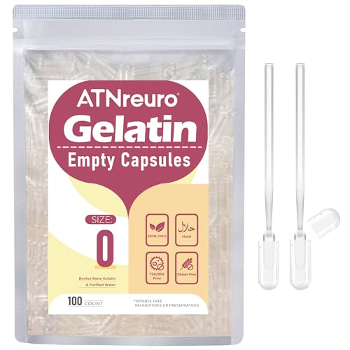 ATNreuro Cápsulas de Gelatina Vacías Tamaño 0 (100 piezas), Transparentes, Halal, Sin Gluten, Sin OMG, con 2 Microcucharas, Ideal para Vitaminas y Suplementos, Inodoras e Insípidas