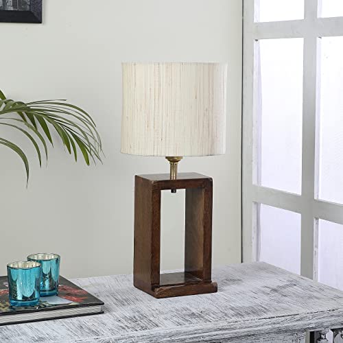 Image of tu casa Wooden Table Lamp with Off-White Cotton Fabric Shade | Bedside Night Lamp for Bedroom & Living Room | Decorative Wooden Nightstand & Study Table Lamp for Home Decor & Gifting