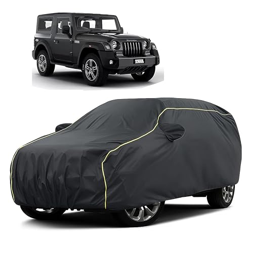 Image of Sulfar 100% Water Resistant Car Body Cover Compatible with Mirror for Mahindra Thar (Triple Stitched, Full Bottom Elastic, Dark Grey Taffeta with Yellow Piping)