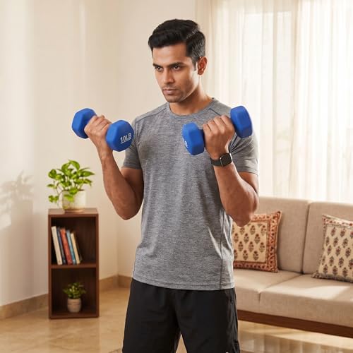 Image of KAKSS Neoprene Dumbbell Set of 2 (10 lb / 4.5 Kg Each), Blue Hex Dumbbells with Cast Iron Core and Non-Slip Coated Grip, Hand Weights for Home Workout Equipment and Gym Dumbbell for Women and Men