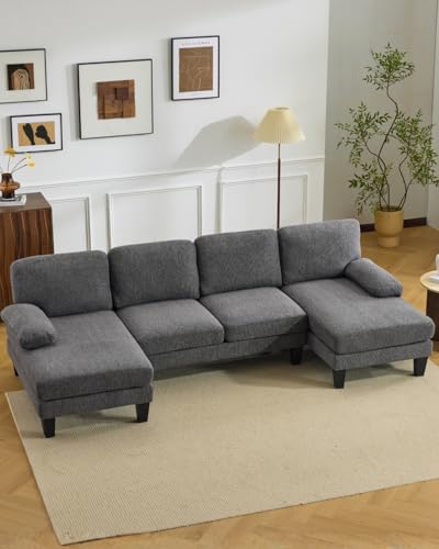Karl home 110' U-Shape Sectional Couches for Living Room Chenille Upholstery 4 Seat Sofa Set with Double Chaises & Wood Grain Legs for Apartment, Dark Grey