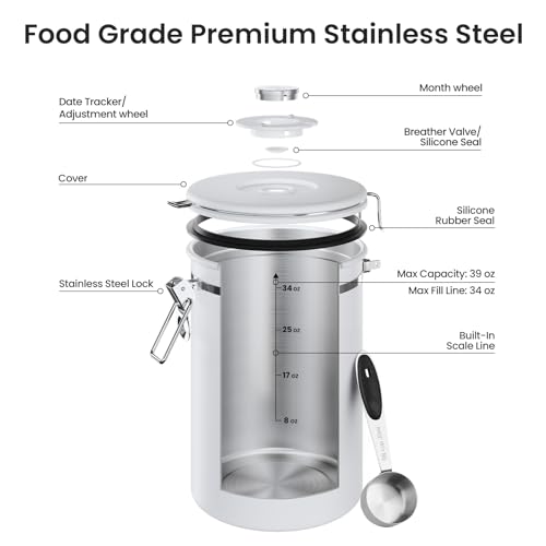 Image of Veken Coffee Canister,39OZ, 2.2lbs,Large Airtight Stainless Steel Container | Date Tracker, Kitchen Food Storage Jars for Beans,Ground, Espresso, Rice,Tea, Sugar, Cereal, Cookie,Gifts, Lids, Scoop, White