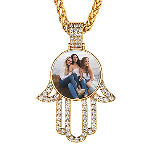 Collier Photo Personnalisé Main de Fatima en Acier Inoxydable et Cristaux de Zircon Premium