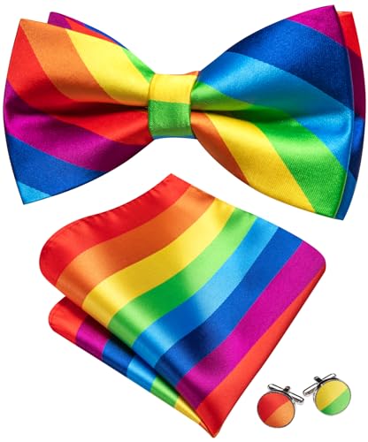 Image of YOHOWA Paisley Striped Men Bow Tie Pre-Tied Formal Adjustable Colorful Bowties Handkerchief Cufflinks Set Wedding Party