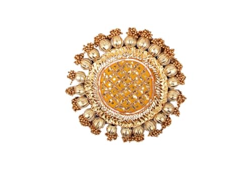 Image of Handmade Gota Patti Work Plate, Table Decor & Versatile Base for Statues, Gods, Plants | Craftsmanship with Golden Moti Detailing | Ideal Gifts for Diwali, Birthdays, Housewarming