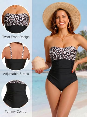 Image of Smismivo Tummy Control Swimwear Strapless One Piece Swimsuit Ruched Bathing Suits for Women Slimming Bandeau Tube Top Bikini