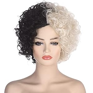 AMZCOS Peluca de cruella negra y rubia para mujer, disfraz de cosplay, corto, rizado, mullida, peluca sintética para fiesta de Halloween