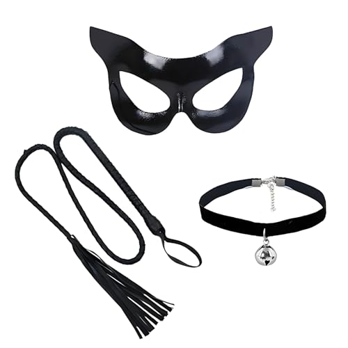 Masque de chat en similicuir élégant avec collier et fouet de 164 cm pour scène
