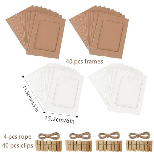 LHOEST 40 Stück Bilderrahmen aus Pappe Set, Papier Fotorahmen mit 40 Wäscheklammern Holz und 4 Hanfseil, DIY Kraftpapier Bilderrahmen 10x15 für Hängende Wanddekoration Fotogirlande (weiße+Braun)