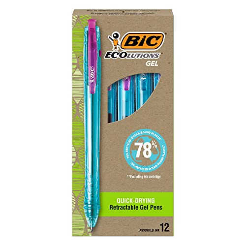Bic Ecolutions Ocean-Bound Plastic Gel Pens, Medium Point (1.0Mm), 12-Count Pack, Retractable Assorted Ink Pens Made From 78% Ocean-Bound Recycled Plastic Excluding Ink Cartridge #TOP22