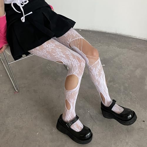 Socks,Women Gothic Fishnet Pantyhose Harajuku Irregular Ripped Holes Mesh Tights Rose Floral Pattern Stockings4