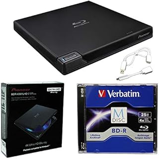 Pioneer BDR-XD07UHD Portable 6X Ultra HD 4K Blu-ray Burner External Drive Bundle with Cyberlink Software Download Installation Code, 25GB M-DISC BD-R and USB Cable - Burns CD DVD BD DL BDXL Discs