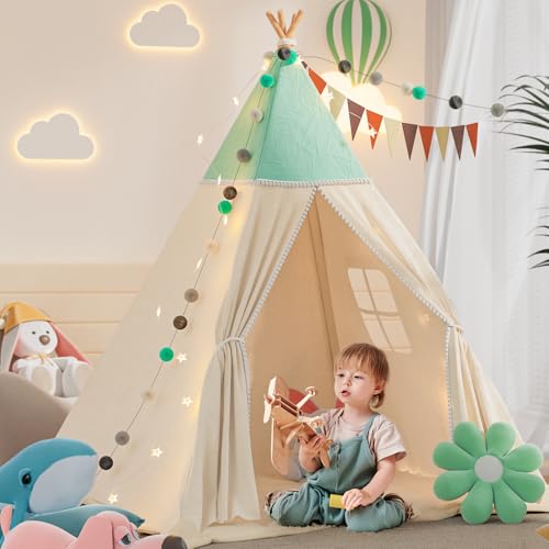 Tipi Tienda de campaña para niños, con Manta Acolchada, Cadena de Luces, Bolsa de Transporte, Tienda de campaña para niños, Estilo Montessori (Verde)
