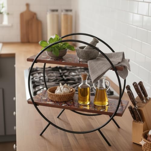 Image of Premium Circular Wooden Kitchen Organizer /Countertop Kitchen Storage Rack /Spice Rack /Shelf /Wooden Organizer /Living Room Organizer,Big(40.6 L x 37 W x 17.5 H Cm)