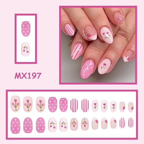 Image of Pink Press on Nails Flower Fake Nails Medium Oval False Nail with Stripes Polka Dot Design Reusable Glossy Full Cover Tulip Stick on Nail for Women Manicure 24Pcs