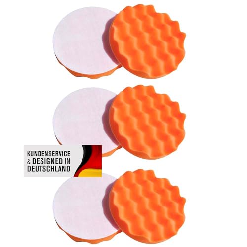Polierschwamm Set 150mm Klett In Verschiedenen Härtegraden Und Setgrößen Polierschwämme Für Die Poliermaschine Polierpads Polierset Kletthaftend Gewaffelt Oder Glatt (Medium Orange gewaffelt, 6er Set)
