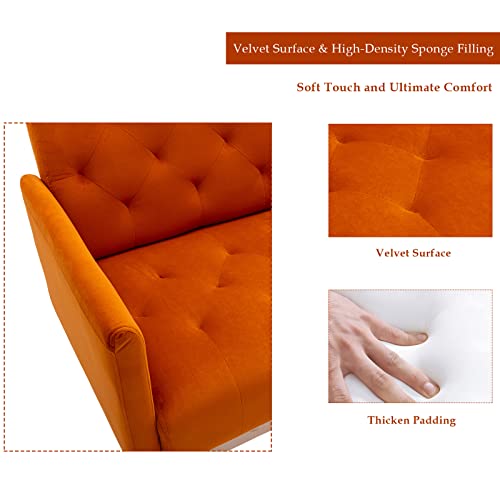 Kivenjaja Velvet Accent Chair, Modern Comfy Tufted Upholstered Armchair For Living Room & Bedroom, Reading Arm Chair Single Sofa With Rose Gold Metal Legs, Orange #TOP3