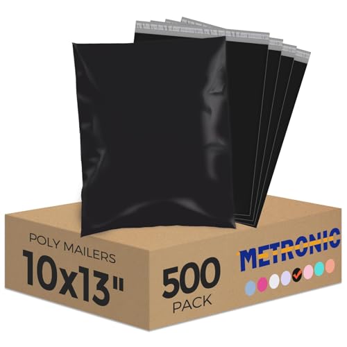Metronic Poly Mailers 10x13 500Pcs,Strong Adhensive Shipping Bags for Clothing,Waterproof Poly Mailer Bags for Shipping, Flexible Shipping Envelopes for Small Business, Mailing Packages Bags Black