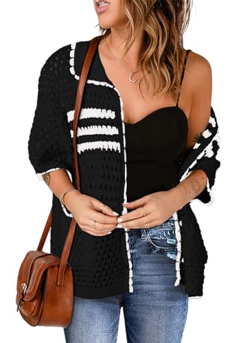 Dokotoo Womens Summer Cardigans Short Sleeve Crochet Cardigan Sweaters Collar Neck Color Block Vacation Outfits
