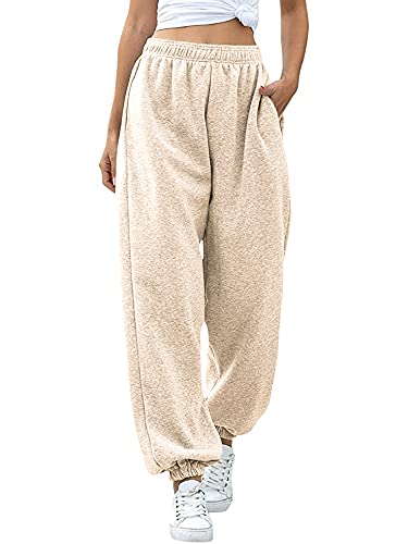 Love My Fashions Women's Plain Gym Sport Jogger Sweatpants & Winters Joggers Pockets Pants and Baggy Elastic Waist Trousers for Casual Hip Hop, Gym and Jogging Cream