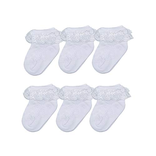 Ehdching Pack of 6 Eyelet Summer Ruffles Lace Socks for Newborn Infant Toddler Baby Girls (White 0-12 Months)
