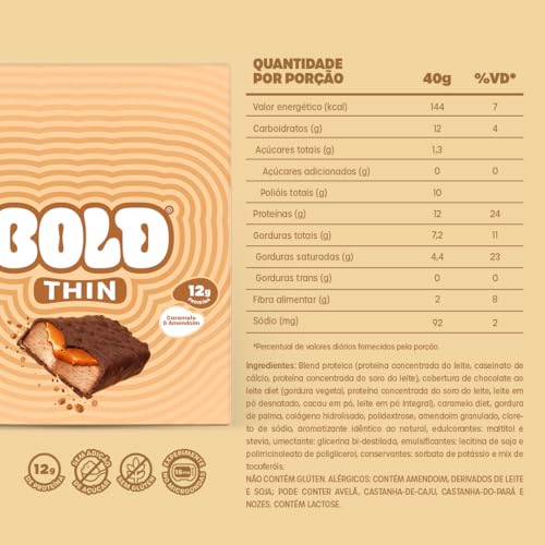 Barra de Proteína BOLD Snacks Thin Caramelo & Amendoim (12g de Proteína) - Caixa com 12 unidades
