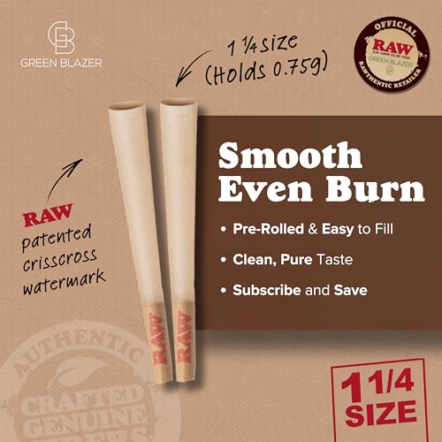 Image of RAW Cones 1 1 /4 Size: 50 Pack Patented Slow Burning Pre Rolled Rolling Papers & Tips, Classic Raw Paper, 84mm