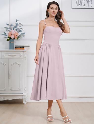 Image of ABEHIK Casual Dresses for Women Boho Spaghetti Strap Corset Midi Dress with Pockets Low Cut Flowy Pleated Bustier Sundress