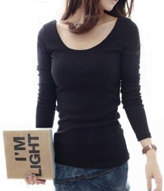 Amazon Co Jp カジュアル レディース Tシャツ シャツ カットソー Uネック 無地 長袖 ブラック ファッション