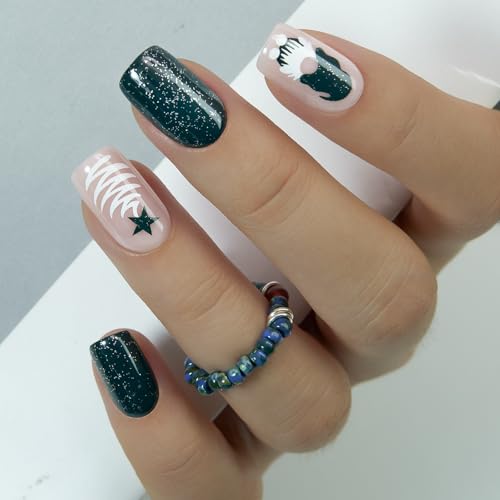 Image of Curvlife Press on Nails Acrylic Square Fake Nails with Design Full Cover False Nails for Women Reusable Nail Kit (Green Christmas, 30pcs)