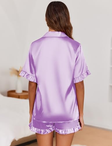 Image of Ekouaer Satin Pajama Set for Women 2 Piece Pj Sets Short Sleeve Sleepwear | Super Soft Silky Summer Loungewear Set with Ruffle Short Sleeve Top and Pocket Shorts, Casual Travel Daily Gift