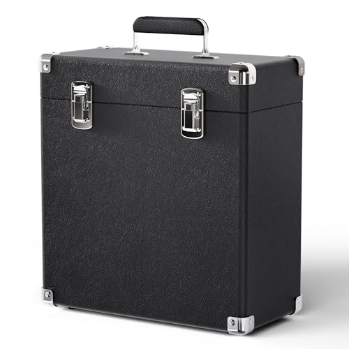Vinyl Record Storage Box, Waterproof and Dustproof Portable LP Display Box, Can Hold 50 7/10/12 Inch Record Boxes, Soft Felt Lining Can Better Protect Records, Suitable for Music Collector（Black） by VICTRESS - Used condition - US$43.03