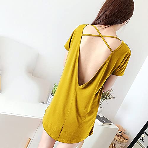 Camisones Mujer Verano,Camisón para Mujer Amarillo O-Cuello Sexy Sin Espalda Camisón De Algodón Pijama De Manga Corta Señoras Verano Ropa De Dormir Camisones Frescos Y Transpirables Ropa De Dorm