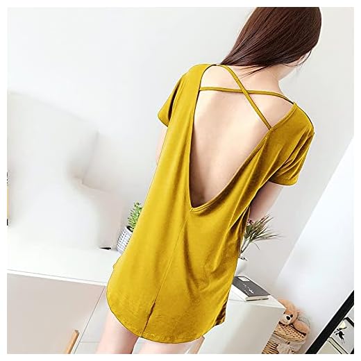 Camisones Mujer Verano,Camisón para Mujer Amarillo O-Cuello Sexy Sin Espalda Camisón De Algodón Pijama De Manga Corta Señoras Verano Ropa De Dormir Camisones Frescos Y Transpirables Ropa De Dorm
