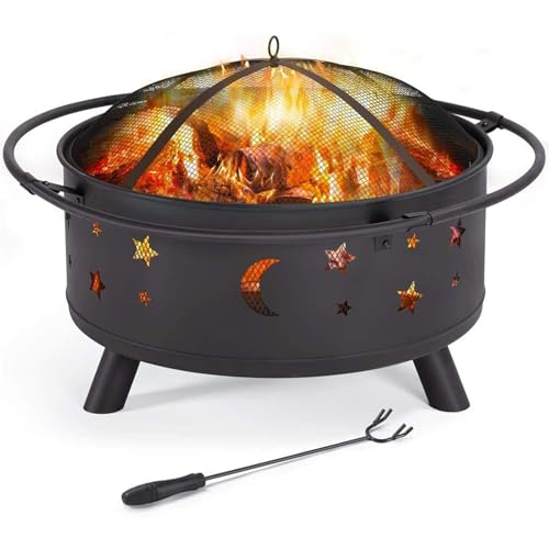 Hoguera de 26 pulgadas, hoguera de leña al aire libre, chimenea redonda con atizador de fuego, hogueras de metal para hoguera de jardín, camping, picnic, barbacoa, cuenco de metal de acero