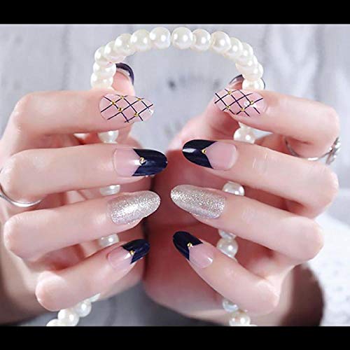 Falsche Nägel Mädchen Einfache Mode Schwarzes Netz Falscher Nagel Frauen Charm Acryl Nail Art Tipps Mit Kleber 24Pcs Diy… – Bild 3